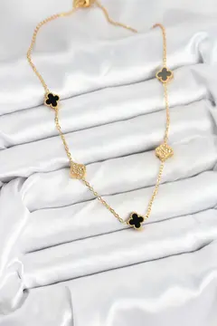 316L Çelik Zincir Gold Renk Siyah ve Zirkon Taşlı Baby Boy Yonca Kadın Kolye 5886