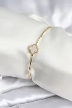 Beyaz Sedefli Yonca Model Gold Renk Kadın Bileklik 5886