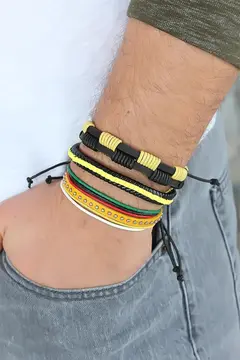 Sarı Renk Zımbalı Deri Erkek Bileklik Kombini 5886