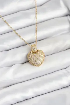 316L Çelik Zincir Gold Renk Zirkon Taşlı Kalpli Kadın Kolye 5886