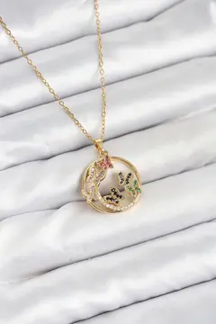 316L Çelik Zincir Gold Renk Zirkon Taşlı Kelebekli Kadın Kolye 5886
