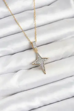 316L Çelik Zincir Gold Renk Kutup Yıldızı Model Zirkon Taşlı Kadın Kolye 5886