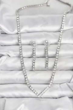 Gümüş Renk Zirkon Taşlı Kadın Kolye Küpe Seti 5886
