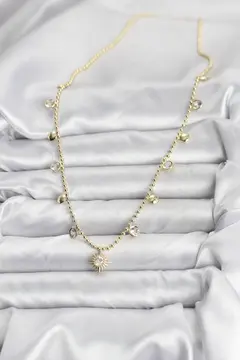 Zirkon Taşlı Kutup Yıldızı Model Pirinç Gold Renk Kadın Kolye 5886