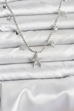 Pirinç Gümüş Renk Zirkon Taşlı Deniz Yıldızı Model Kadın Kolye 5886