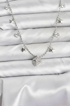 Pirinç Gümüş Renk Zirkon Taşlı Kutup Yıldızı Model Kadın Kolye 5886