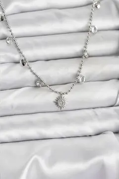 Zirkon Taşlı Kutup Yıldızı Model Pirinç Gümüş Renk Kadın Kolye 5886
