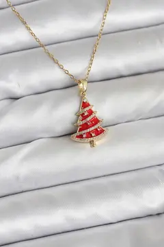 316L Çelik Zincir Gold Renk Kırmızı Çam Ağacı Model Yılbaşı Temalı Kadın Kolye 5886