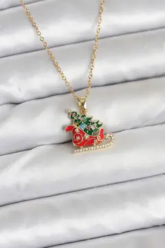 316L Çelik Zincir Gold Renk Kızak ve Çam Ağacı Figürlü Yılbaşı Temalı Kadın Kolye 5886