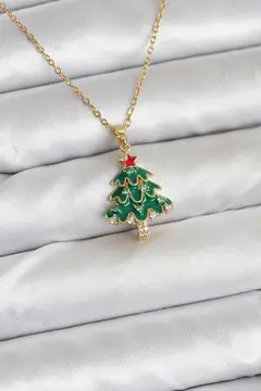 316L Çelik Zincir Gold Renk Çam Ağacı Model Yılbaşı Temalı Kadın Kolye 5886