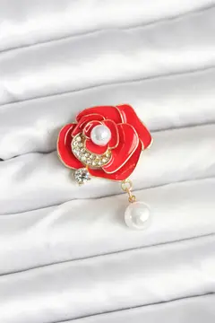 Kırmızı Gül İncili Model Broş 5886