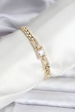 14K Gold Renk Kaplama Zirkon Kare Taşlı CM Kadın Bileklik 5886