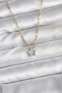 Pirinç Gold Renk Zincirli Zirkon Taşlı Minimal Yıldız Model Kadın Kolye 5886