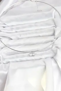 Pirinç Gümüş Renk Choker Model Zirkon Taşlı Kadın Kolye 5886