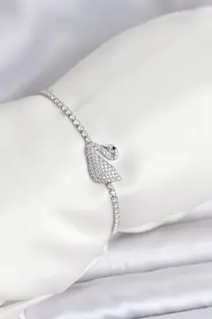 Kuğu Model Zirkon Taşlı Gümüş Renk Asansörlü Su Yolu Bileklik 5886