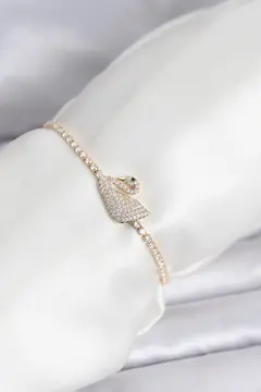 Kuğu Model Zirkon Taşlı Gold Renk Asansörlü Su Yolu Bileklik 5886