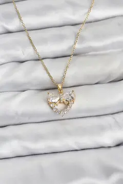 316L Çelik Zincir Gold Renk Kalp ve Fiyonk Model Zirkon Taşlı Kadın Kolye 5886