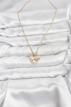 316L Çelik Zincir Gold Renk Kalp ve Fiyonk Model Zirkon Taşlı Kadın Kolye 5886