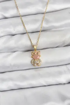 316L Çelik Zincir Gold Renk Teddy Bear Model Zirkon Taşlı Kadın Kolye 5886