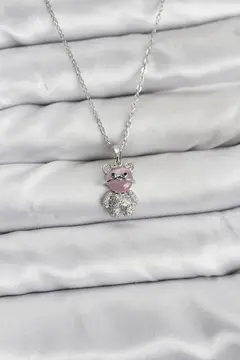 316L Çelik Zincir Gümüş Renk Teddy Bear Model Zirkon Taşlı Kadın Kolye 5886