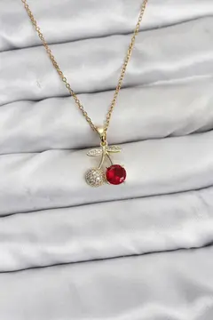 316L Çelik Zincir Gold Renk Kiraz Model Zirkon Taşlı Kadın Kolye 5886