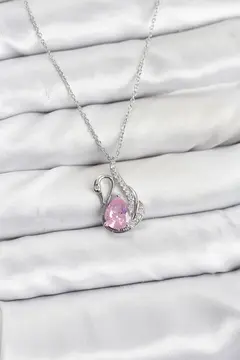 316L Çelik Zincir Gümüş Renk Pembe Kuğu Model Zirkon Taşlı Kadın Kolye 5886