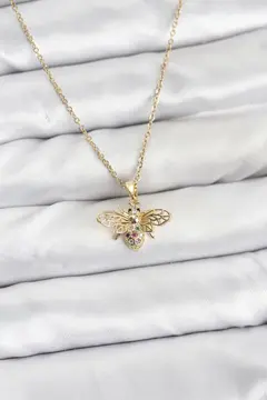 316L Çelik Zincir Gold Renk Sinek Model Zirkon Taşlı Kadın Kolye 5886