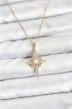 316L Çelik Zincir Gold Renk Kutup Yıldızı Model Zirkon Taşlı Kadın Kolye 5886