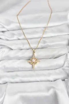 316L Çelik Zincir Gold Renk Kutup Yıldızı Model Zirkon Taşlı Kadın Kolye 5886