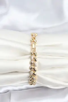 Pirinç Gold Renk VIP Seri Sarmal Damla Model Zirkon Taşlı Kadın Bileklik 5886