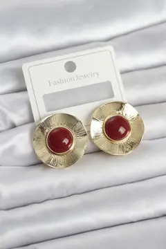 Vintage Model Bordo Gold Renk Pirinç Kadın Küpe 5886