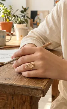 Pirinç Gold Renk Picasso Tarzı Tek Çizgi Yüz Model Kadın Yüzük 5886