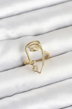 Pirinç Gold Renk Picasso Tarzı Tek Çizgi Yüz Model Kadın Yüzük 5886