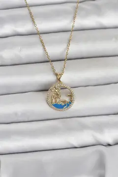 316L Çelik Zincir Gold Renk Zirkon Taşlı Deniz Temalı Kadın Kolye 5886