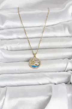316L Çelik Zincir Gold Renk Zirkon Taşlı Deniz Temalı Kadın Kolye 5886