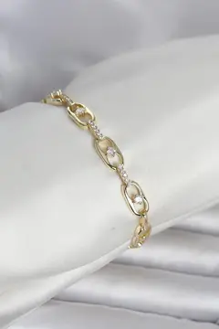 Pirinç Gold Renk Zirkon Taşlı Kadın Bileklik 5886