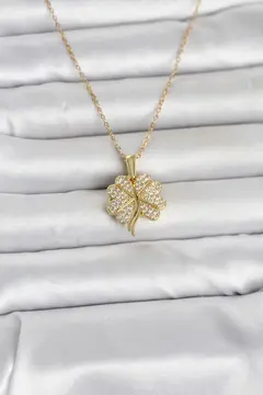 316L Çelik Gold Renk Açılabilir Yonca Model Zirkon Taşlı Kadın Kolye 5886
