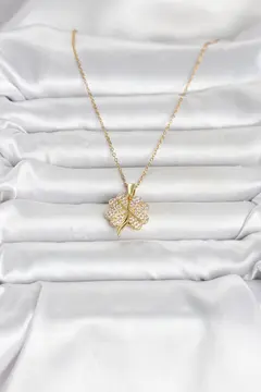 316L Çelik Gold Renk Açılabilir Yonca Model Zirkon Taşlı Kadın Kolye 5886