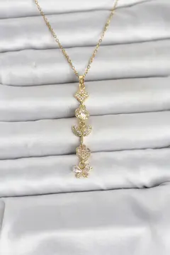 316L Çelik Gold Renk Şans Kolyesi Y Model Zirkon Taşlı Kadın Kolye 5886