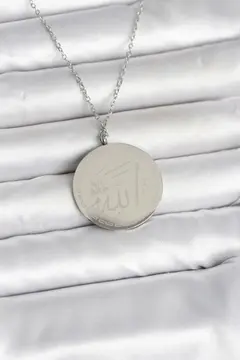 316L Çelik Gümüş Renk Ayetel Kürsi ve Allah Yazılı Kolye 5886