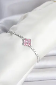 Pirinç Gümüş Renk Pembe Zirkon Taşlı Yonca Model Su Yolu Kadın Bileklik 5886