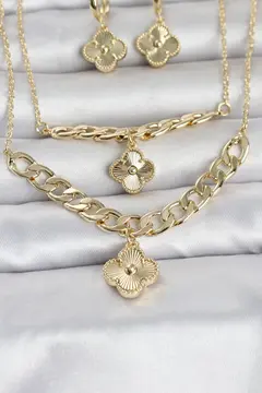 Gold Renk Pirinç Kolye Bileklik ve Küpe Seti 5886