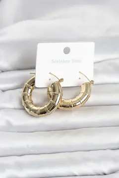 316L Çelik Gold Renk Bambu Model Halka Kadın Küpe 5886