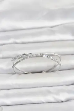Pirinç Gümüş Renk Baget Zirkon Taşlı Kadın Bileklik 5886