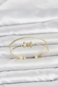 Pirinç Gold Renk Baget Zirkon Taşlı Objeli Kadın Bileklik 5886