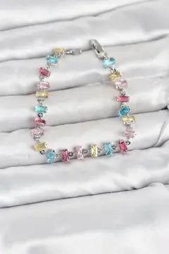 Kristal Taşlı Baget Kesimli Karışık Renkli Gümüş Renk Gema Kadın Bileklik 5886