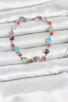 Kristal Taşlı Kalp Kesimli Karışık Renkli Gümüş Renk Gema Kadın Bileklik 5886