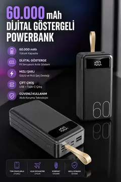 Powerbank 60.000 Mah Hızlı Şarj 4 Çıkışlı Uzun Şarj Süreli Dijital Göstergeli