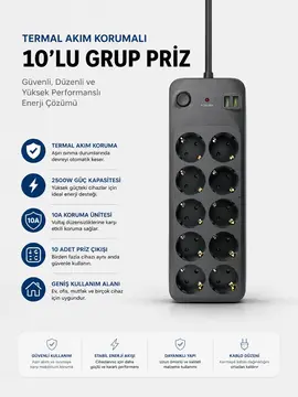 Termal Akım Korumalı USB Type-C Girişli 10'lu Grup Priz 2500W Güç Kapasitesi (Kopya)