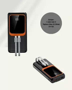 20.000 mAh Taşınabilir Şarj Cihazı Dijital Göstergeli Kablolu Powerbank